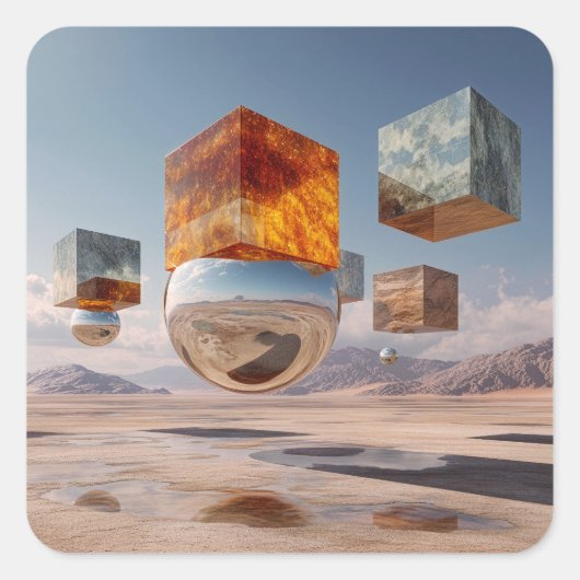 Sticker Carré Surreal Floating Cubes And Reflective Sphere (Devant)