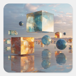Sticker Carré Surreal Floating Cubes And Spheres