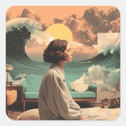 Sticker Carré Surreal Interior With Woman and Cat (Devant)