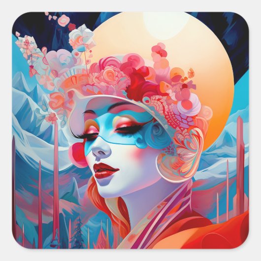 Sticker Carré Surreal Lady Imaginaire Art (Devant)