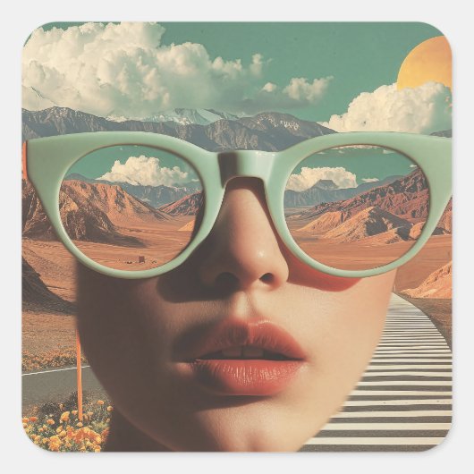 Sticker Carré Surreal Portrait With Glasses Reflecting Desert (Devant)