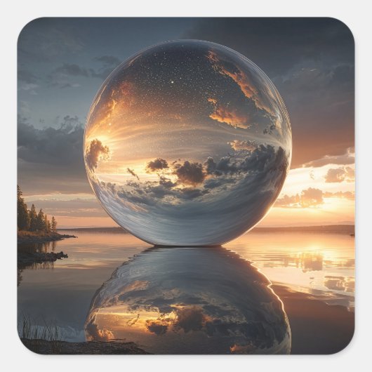 Sticker Carré Surreal Reflective Sphere With Sunset Clouds Over  (Devant)