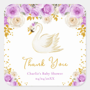 Sticker Carré Swan Purple Gold Rose Baby shower Merci