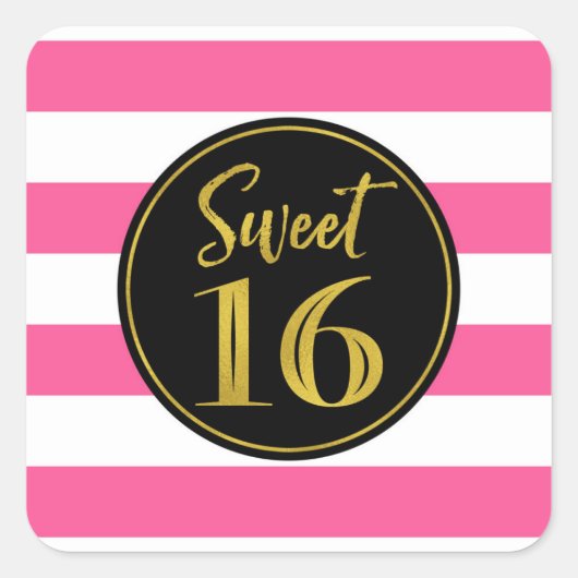 Sticker Carré Sweet 16 Anniversaire Rose Noir Blanc Or (Devant)