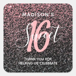 Sticker Carré Sweet 16 Black Blush rose Parties scintillant Nom