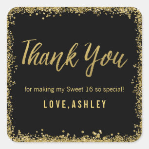 Sticker Carré Sweet 16 Black Gold Parties scintillant Anniversai