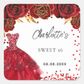 Sticker Carré Sweet 16 fleurs de robe rouge blanc (Devant)