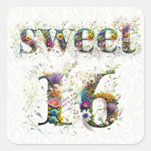 Sticker Carré Sweet 16 Joyeux Anniversaire Fleur sauvage Texte