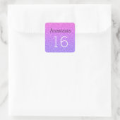 Sticker Carré Sweet 16 Nom Age Ombre Violet Parties scintillant (Sac)