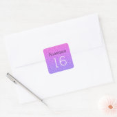 Sticker Carré Sweet 16 Nom Age Ombre Violet Parties scintillant (Enveloppe)