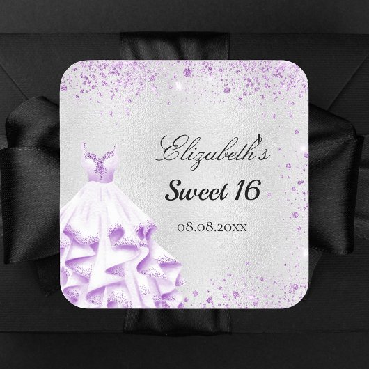 Sticker Carré Sweet 16 parties scintillant violet argent nom de 