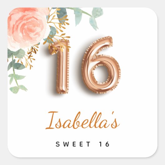 Sticker Carré Sweet 16 rose fleuri or eucalyptus monogramme (Devant)