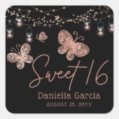 Sticker Carré Sweet 16 Rose Gold Butterfly Chic Moderne Annivers (Devant)