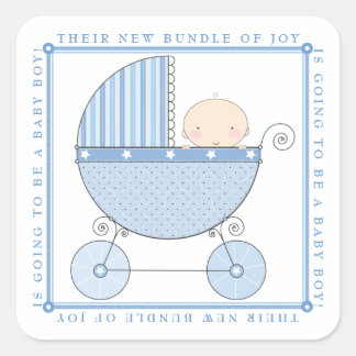 Sticker Carré Sweet Baby Boy in Carriage Baby shower en bleu
