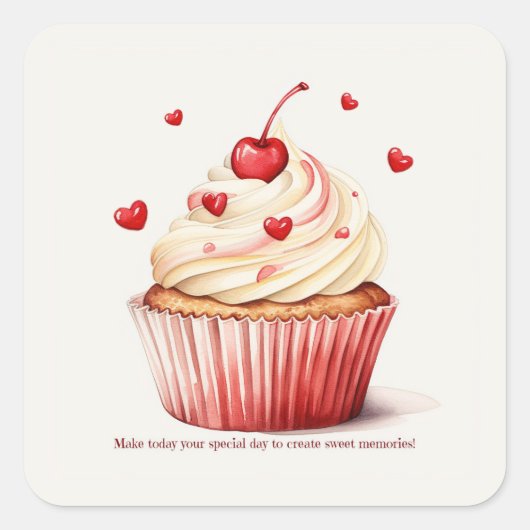 Sticker Carré Sweet Cupcake Red Hearts Carte Saint-Valentin (Devant)