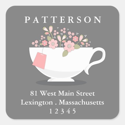 Sticker Carré Sweet Floral Teacup Heure de retour Adresse Label (Devant)