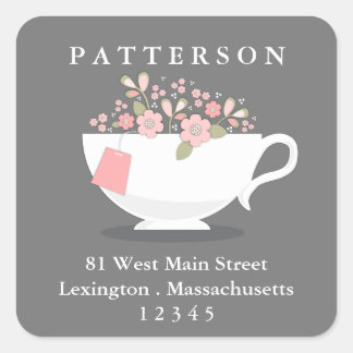 Sticker Carré Sweet Floral Teacup Heure de retour Adresse Label