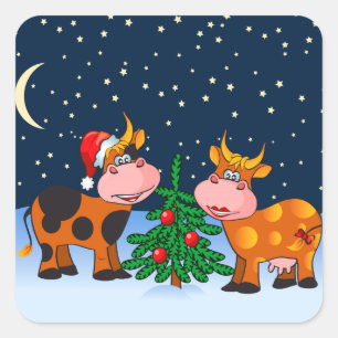 Sticker Carré Sweet Joyeux Couple de vache de Noël par sapin de