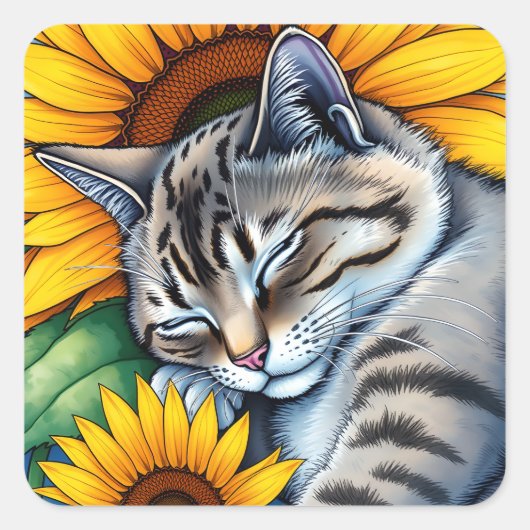 Sticker Carré Sweet Napping Gray Cat and Sunflower (Devant)