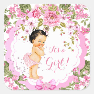 Sticker Carré Sweet rose Floral Rose Baby shower fille Brunette