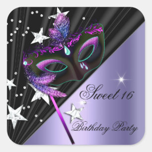 Sticker Carré Sweet Sixteen 16 Masque Lilas Noir Argent