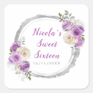 Sticker Carré Sweet sixteen de fleurs élégantes violet et argent