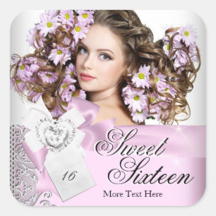 Sticker Carré Sweet sixteen en dentelle rose noir blanc doux 16