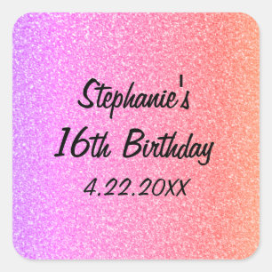 Sticker Carré Sweet sixteen Glittery rose 16ème anniversaire