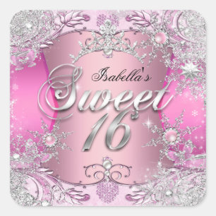 Sticker Carré Sweet sixteen Sweet 16 Flocon rose Tiara 2