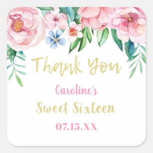 Sticker Carré Sweet sixteen Tropical Floral Pink Gold Merci