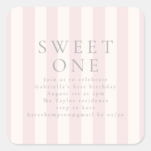 Sticker Carré Sweet Stripes premier anniversaire invitation rose (Devant)