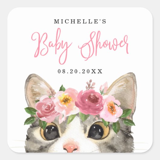 Sticker Carré Sweet Watercolor Kitty Girl Baby shower (Devant)