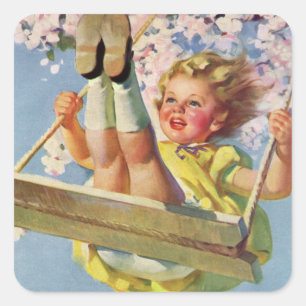 Sticker Carré Swing vintage, Fille qui se balancent dans un arbr