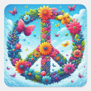 Sticker Carré Symbole de paix floral frais et coloré avec papill