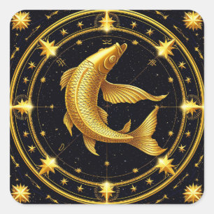 Sticker Carré Symbole du zodiaque Poissons dorés entouré d'étoil