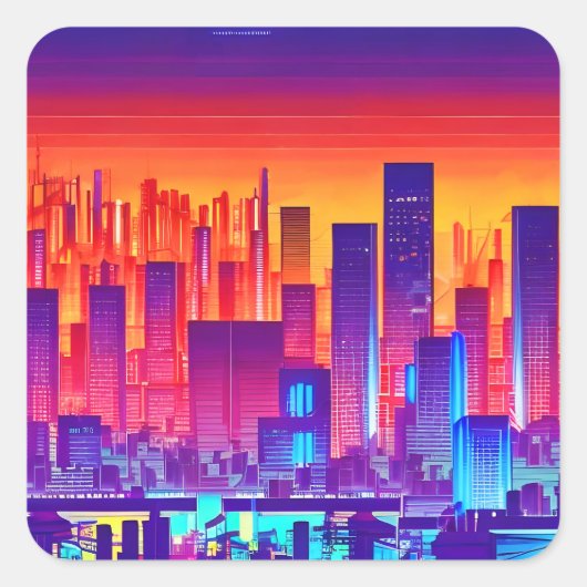 Sticker Carré Synthwave/Cyberpunk City au coucher du soleil (Devant)