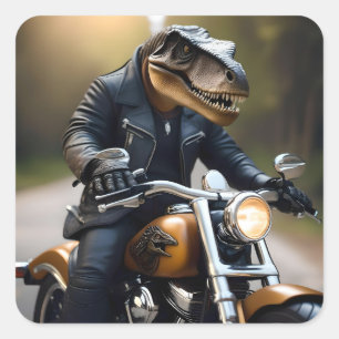 Sticker Carré T-Rex Dinosaur Bikie En Moto,