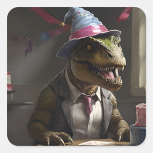 Sticker Carré T-rex en casquette d'anniversaire