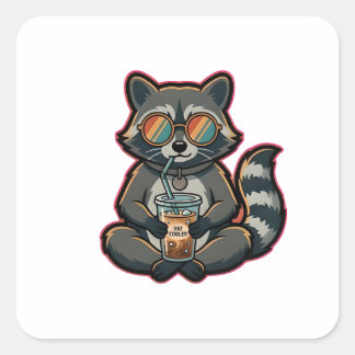 Sticker Carré T-Shirt Raton Lavandière Boit un Café Glacé au Lai