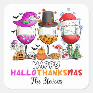 Sticker Carré T-Shirt Wine Glass Joyeux Hallowthanksmas