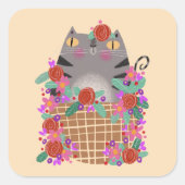 Sticker Carré Tabby cat & fleurs (Devant)
