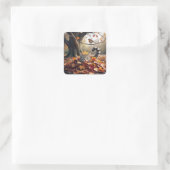 Sticker Carré Tabby Chat dans un seau de feuilles d'automne (Sac)