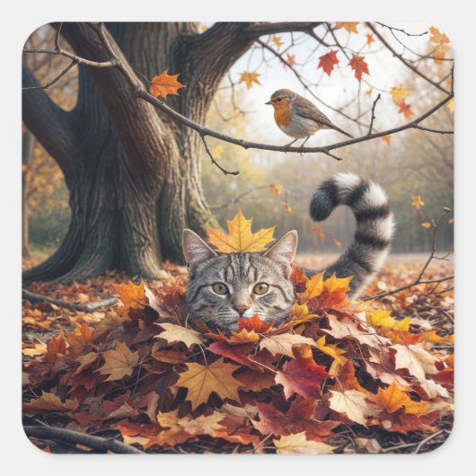 Sticker Carré Tabby Chat dans un seau de feuilles d'automne (Devant)