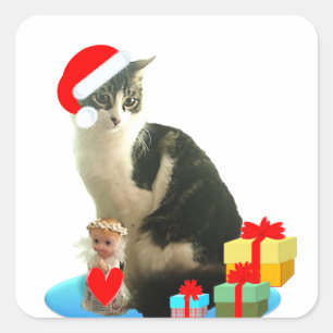 Sticker Carré Tabby chat de Noël et petit ange mignon