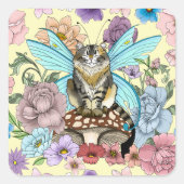 Sticker Carré Tabby Fairy Cat Mushroom Floral (Devant)