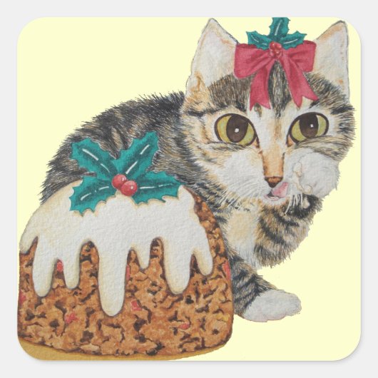Sticker Carré tabby gris chaton mignon lécher patte noël (Devant)