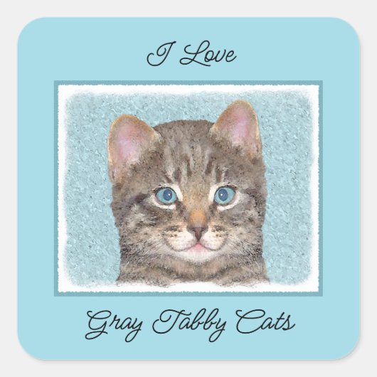 Sticker Carré Tabby Gris Peinture Chat - Cute Original Art Chat (Devant)
