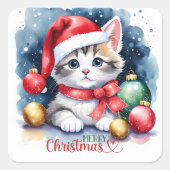Sticker Carré Tabby Kitten À Santa Hat Joyeux Noël (Devant)