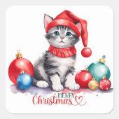 Sticker Carré Tabby Kitten À Santa Hat Joyeux Noël (Devant)