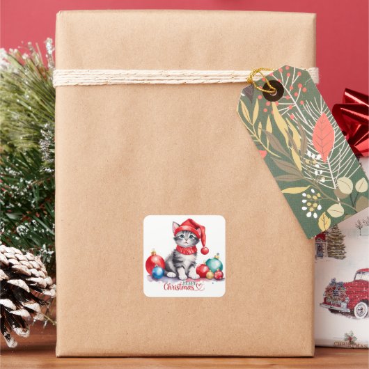 Sticker Carré Tabby Kitten À Santa Hat Joyeux Noël (vacances)